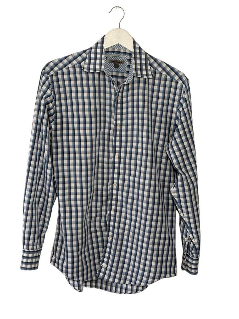 Johnston & Murphy Tailored Fit blue and white checked 100% cotton button down sh
